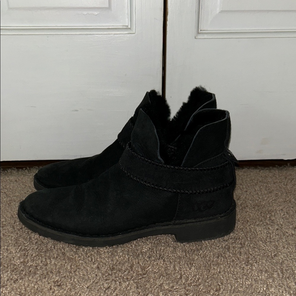 UGG Black Suede Ankle Booties with Fur Trim